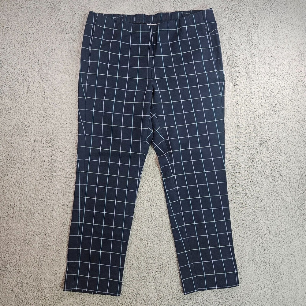 J Jill Pull On Pants Women Size 12 Petite (33x25.5) Ankle Navy Blue Plaid Cotton